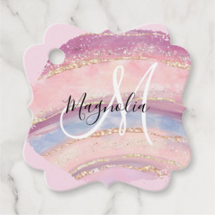 Glam Gold Pink Blue Gemstone Brush Stroke Monogram Favour Tags