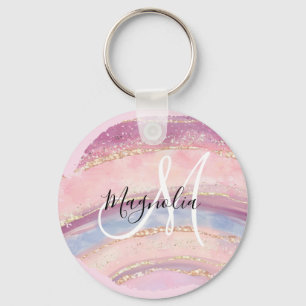 Glam Gold Pink Blue Gemstone Brush Stroke Monogram Keychain