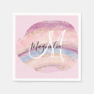 Glam Gold Pink Blue Gemstone Brush Stroke Monogram Napkin