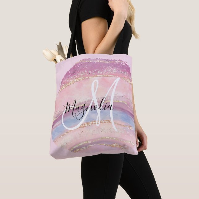Glam Gold Pink Blue Gemstone Brush Stroke Monogram Tote Bag (Close Up)