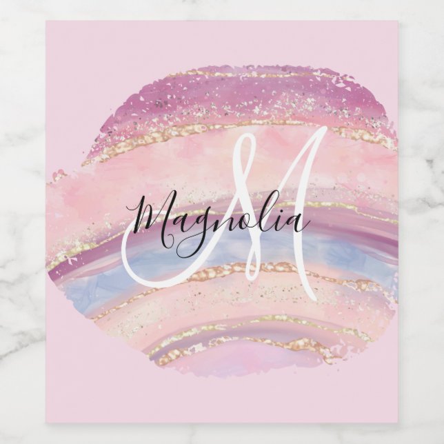 Glam Gold Pink Blue Gemstone Brush Stroke Monogram Wine Label (Single Label)