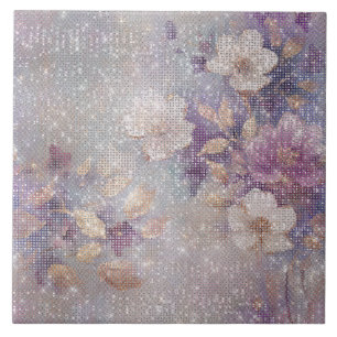 Glam Gold Purple Floral Sparkle Tile