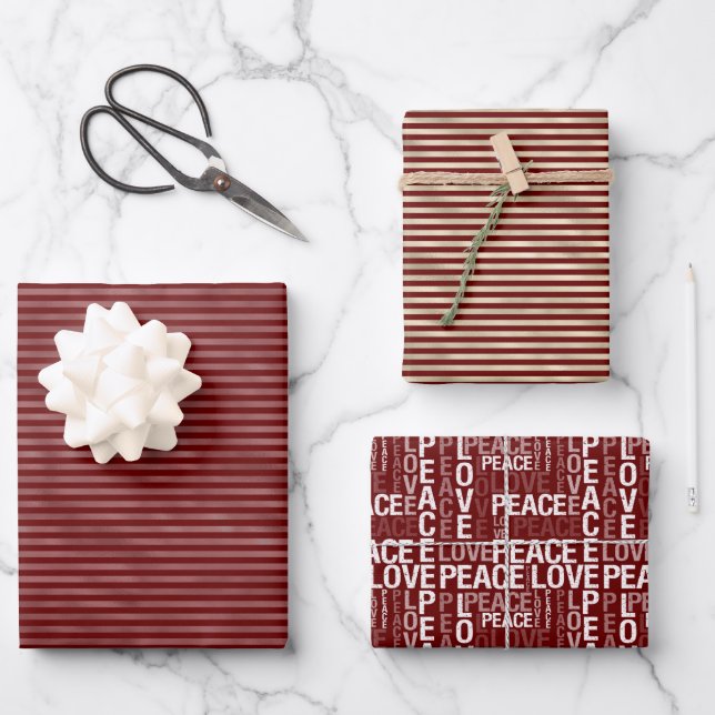 Glam Gold Red Stripes Peace Love Wrapping Paper Sheet (Front)