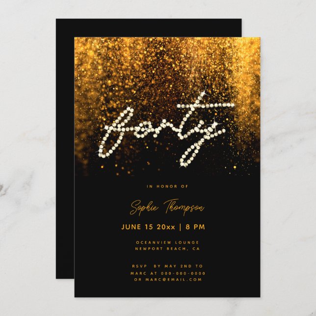 Glam Gold Rhinestones Calligraphy 40th Birthday Invitation (Front/Back)