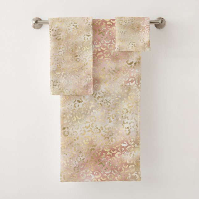 Glam Gold Rose Blush Pink Leopard Print     Bath Towel Set (Insitu)