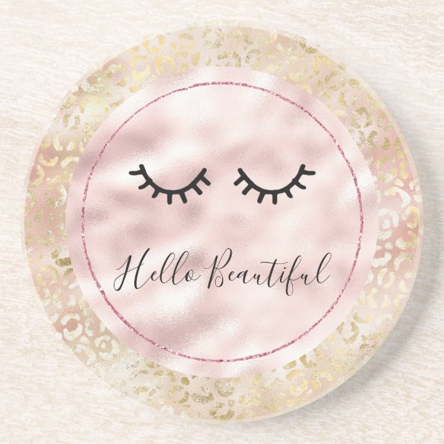 Glam Gold Rose Blush Pink Leopard Print Eyelashes Coaster (Front)