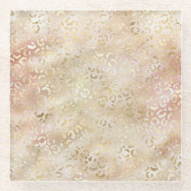 Glam Gold Rose Blush Pink Leopard Print        Glass Coaster (Front)