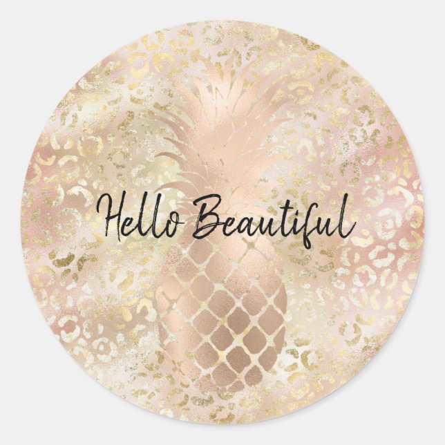 Glam Gold Rose Blush Pink Leopard Print Pineapple Classic Round Sticker (Front)