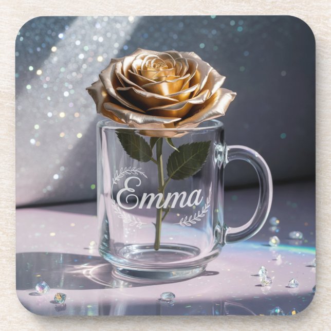 Glam Gold Rose Plastic Coaster Set (Front)