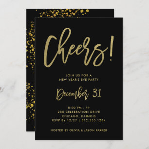 Glam Gold Script on Black   New Years Eve Party Invitation
