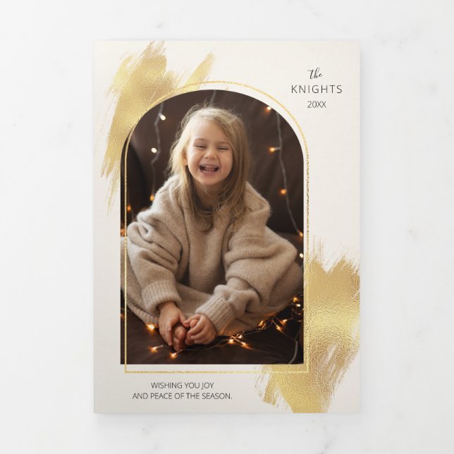 Glam Gold Swashes & Arch Photo Tri-Fold Holiday Card (Cover)
