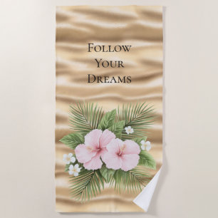 Glam Gold Tropical Blue Pink Hibiscus Floral   Beach Towel