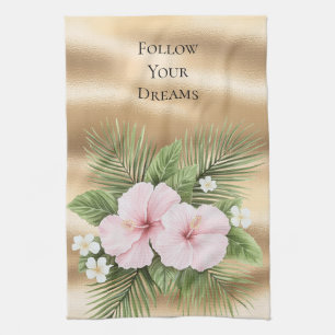 Glam Gold Tropical Blue Pink Hibiscus Floral Kitchen Towel