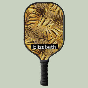 Glam Gold Tropical Leaves Personalized Pickleball Paddle