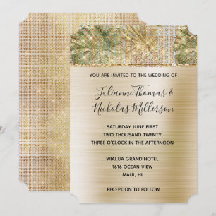 Glam Gold Tropical Leaves Sparkle Wedding  Invitation