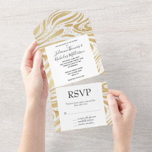 Glam Gold White Abstract Swirls Wedding All In One Invitation