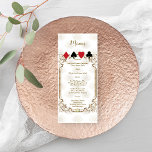 Glam Gold White Art Deco Casino Wedding Menu<br><div class="desc">Unique Casino Royale, art deco themed card design. It features vintage art deco style, a Roaring 1920's old Hollywood frame with faux gold foil Fleur-de-lis, playing cards suit on gold black Art Deco pattern background. On the back faux gold Art Deco pattern and initials. Use Personalise tool to add your...</div>