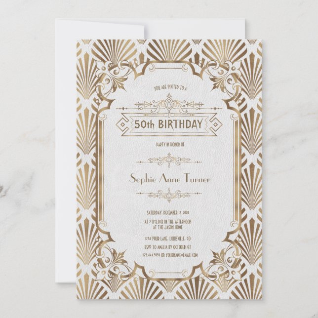 Glam Gold White Art Deco Gatsby 50th Birthday Invitation (Front)