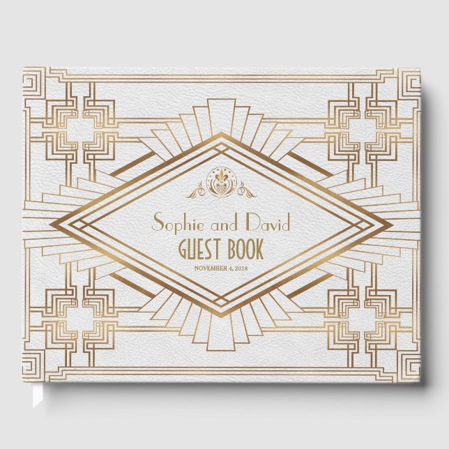 Glam Gold White Great Gatsby Wedding Guest Book (Front)