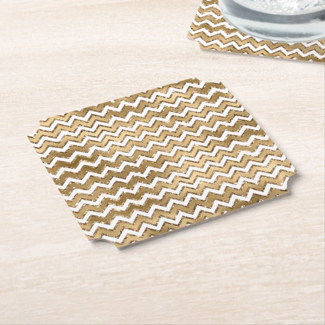 Glam Gold White Zigzag Stripes Paper Coaster (Angled)