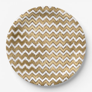 Glam Gold White Zigzag Stripes Paper Plate