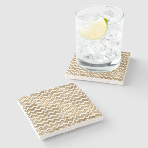 Glam Gold White Zigzag Stripes Stone Coaster