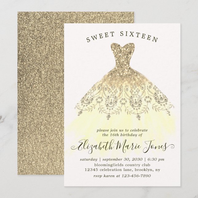 Glam Gold Yellow Sparkle Dress Sweet 16th Birthday Invitation (Front/Back)
