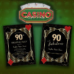 Glam Golden Art Deco Casino Poker 90th Birthday  Invitation<br><div class="desc">Charming Casino Royale and Roaring 20s themed card design. It features vintage faux gold fleur-de-lis, Roaring 20's old Hollywood style, playing cards suits, 3D rendered gold balloon texture for 90, on a gold black Art Deco pattern. Use Personalize tool to add your information. For more, visit please, my Glam Casino...</div>