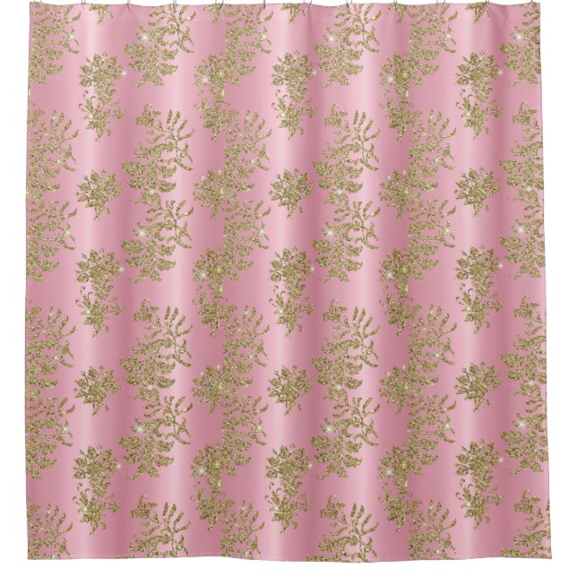 Glam Golden Glitter Foliage Pink Luxury Shower Cur (Front)