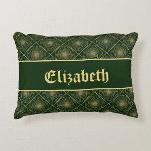 Glam Golden Personalized Art Deco Green & Gold Accent Pillow