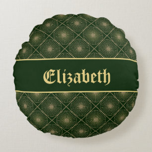Glam Golden Personalized Art Deco Green & Gold Round Pillow