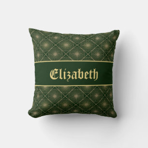 Glam Golden Personalized Art Deco Green & Gold Throw Pillow