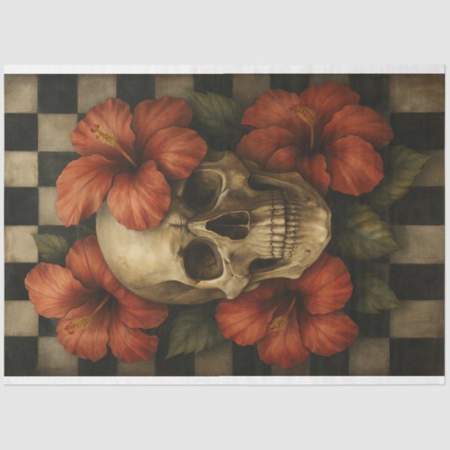 Glam Goth Skull with Hibiscus Flowers  Tissue Paper (Front)