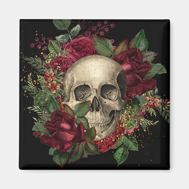 Glam gothique | Magnet | Crâne et Rose | Noir (Devant)