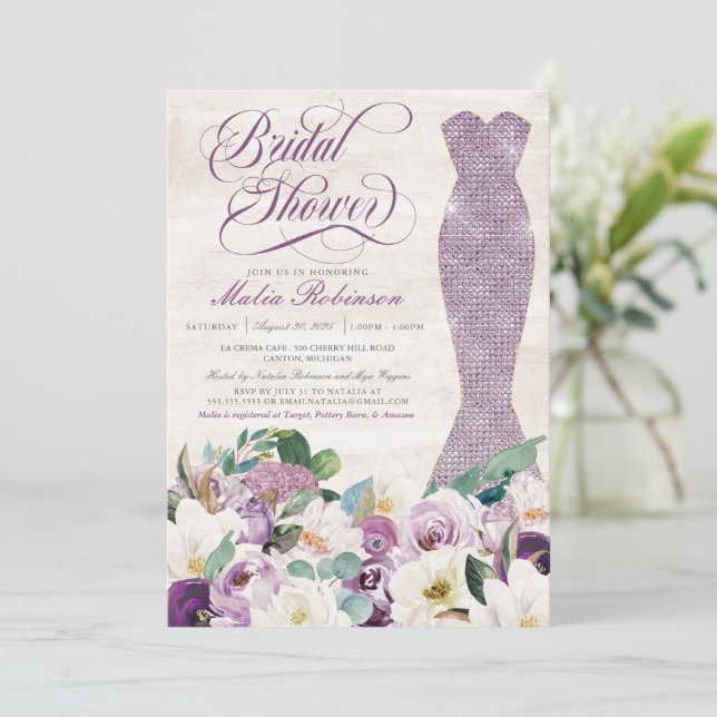Glam Gown Rustic Floral Lavender Bridal Shower Invitation (Standing Front)