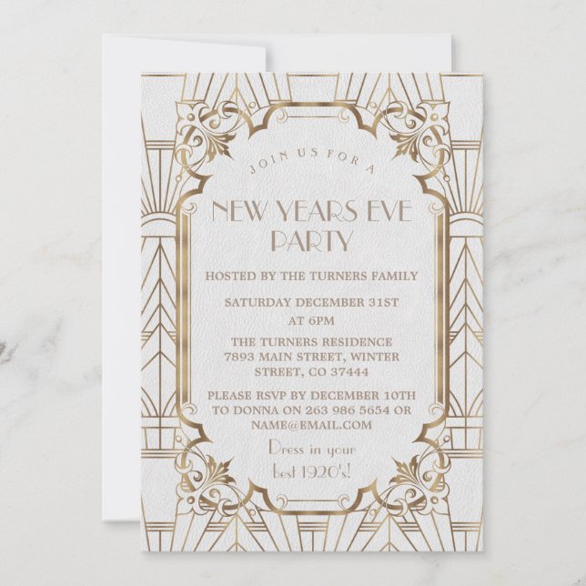 Glam Great Gatsby White 20s New Years Eve Party Invitation (Front)