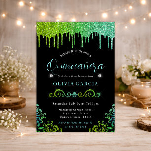 Glam Green and Blue Gradient Glitter Quinceanera Invitation