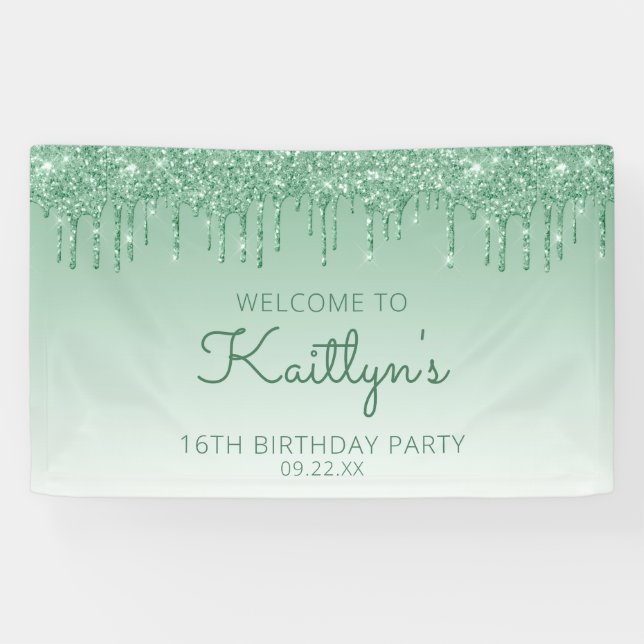 Glam Green Glitter Drip 16th Birthday Party Banner (Horizontal)