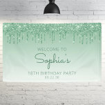 Glam Green Glitter Drip 18th Birthday Party Banner<br><div class="desc">Welcome guests with this chic,  glamourous 18th birthday party banner,  featuring a sparkly green faux glitter drip border and green ombre background. Personalize it with her name in green handwriting script,  with the birthday and date below in green sans serif font.</div>
