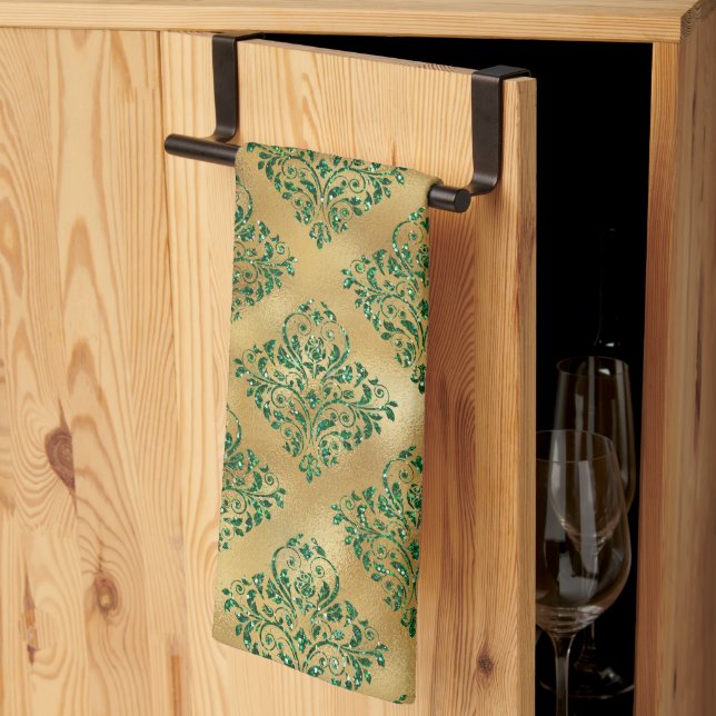 Glam Green Gold Damask Pattern Kitchen Towel (Thirds Fold)