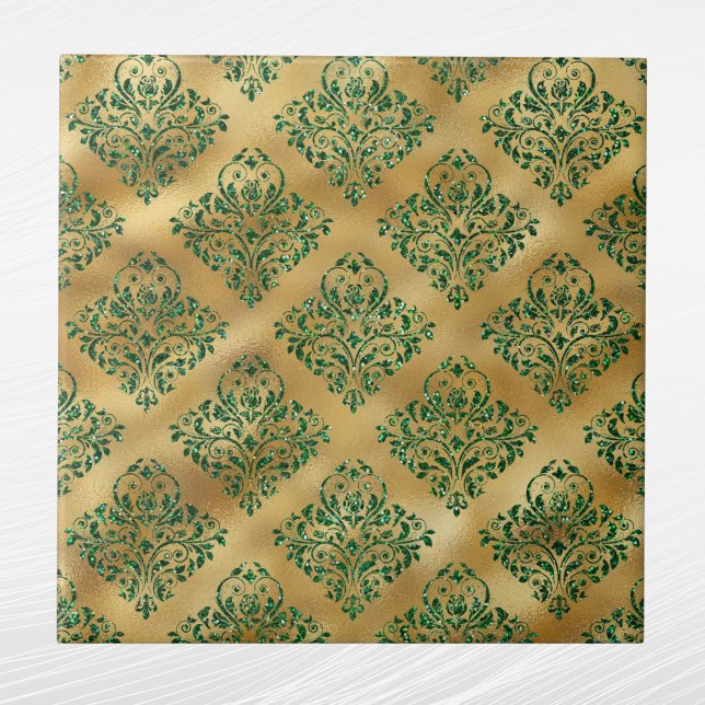 Glam Green Gold Damask Pattern Tile (Creator Uploaded)
