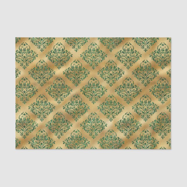 Glam Green Gold Damask Pattern Tissue Paper (Front)