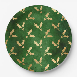 Glam Green Gold Holly Christmas Paper Plate
