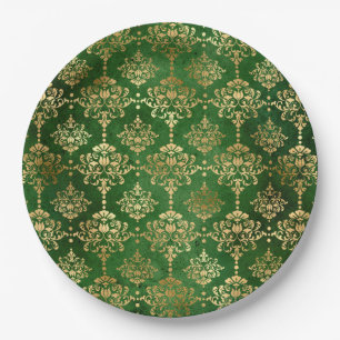 Glam Green Gold Pattern Christmas Paper Plate
