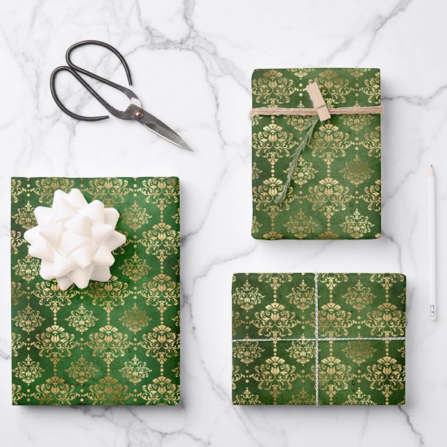 Glam Green Gold Pattern Christmas Wrapping Paper Sheet (Front)