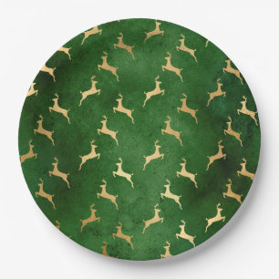 Glam Green Gold Reindeer Christmas Paper Plate