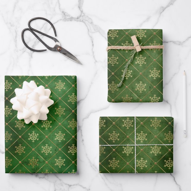 Glam Green Gold Snowflakes Christmas Wrapping Paper Sheet (Front)