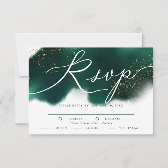 Glam Green Gold Wedding RSVP with Meal Choice Card (Front)
