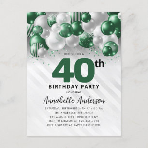 Glam Green Silver Balloon Glitter 40th Birthday Postcard