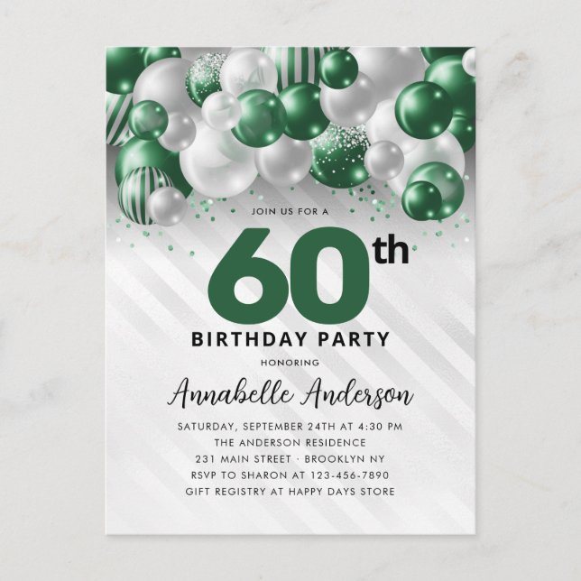 Glam Green Silver Balloon Glitter 60th Birthday  Postcard (Front)